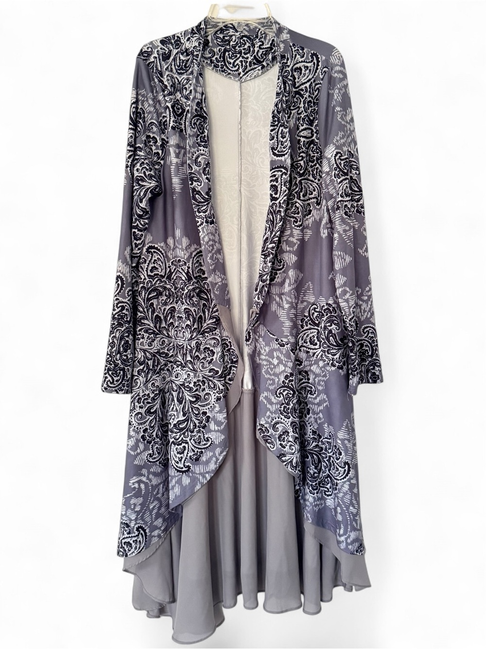 Elegant Layered Floral Paisley Printed Duster Cardigan Gray Long Art to Wear
